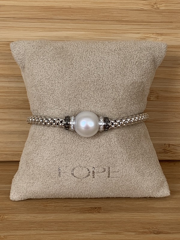 FOPE bracelet extensible Flex'It Solo en or 18 cts, avec perle blanche, diamants blancs et noirs 642B BTHM