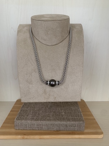 [642C BTHN] FOPE collier Solo en or 1 8cts avec perle grise, diamants blancs et noirs 642C BTHN